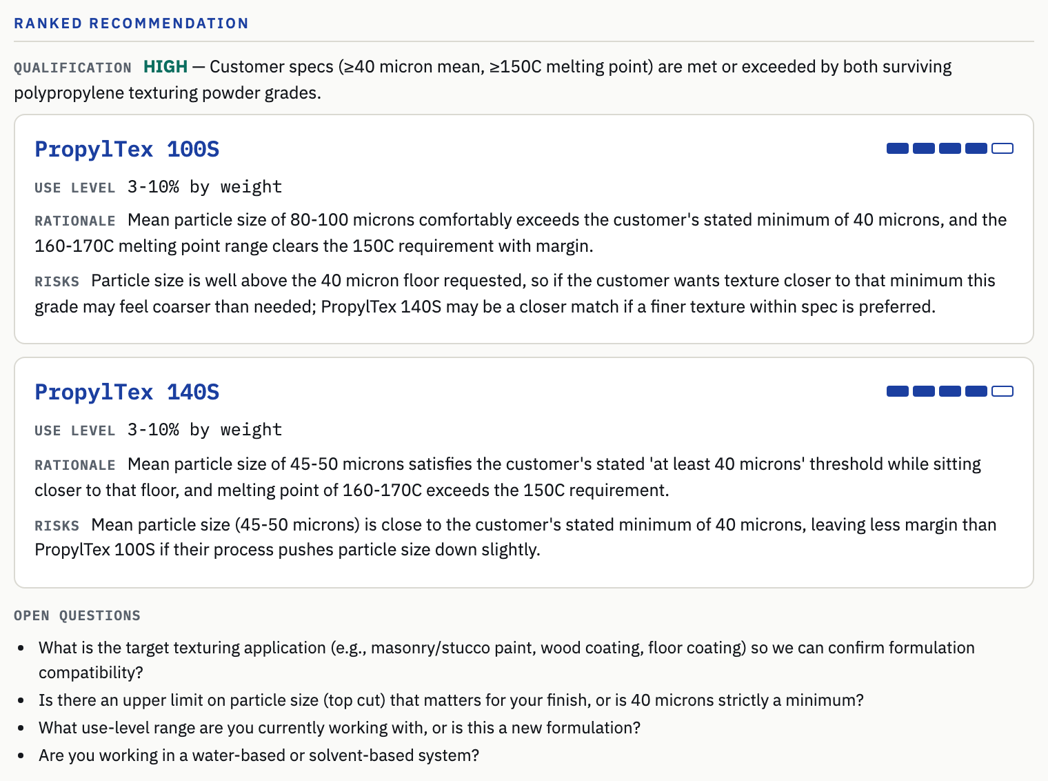 GRADE ranked recommendation: the two surviving grades with use level, a plain-English rationale, a risk note, and a confidence indicator for each, plus open questions to ask the customer